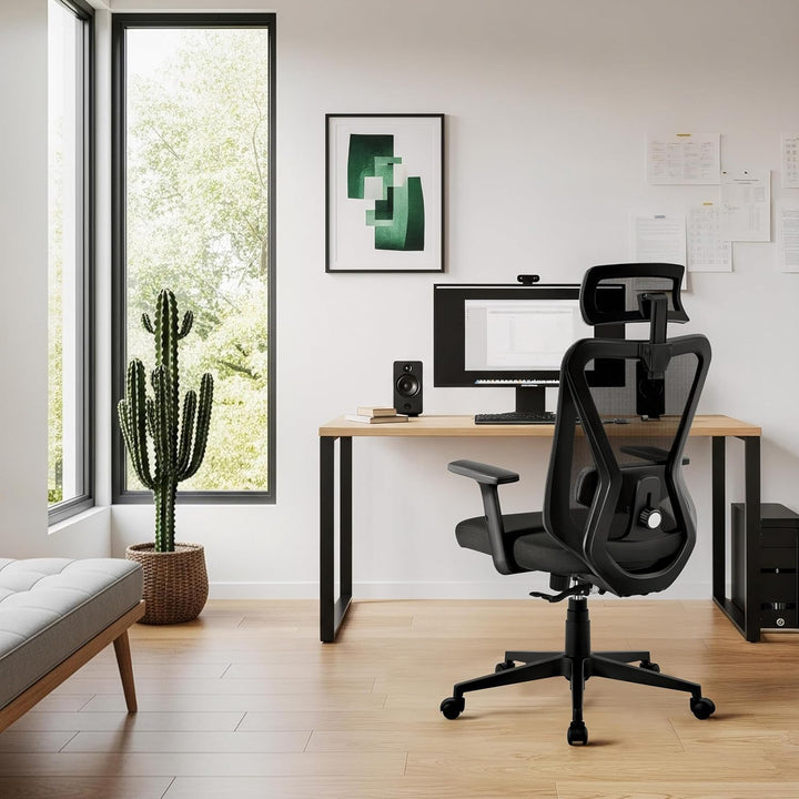 Yaheetech Bürostuhl Ergonomisch, Schreibtischstuhl mit Verstellbarer Kopfstütze, Armlehnen, Lendenwi