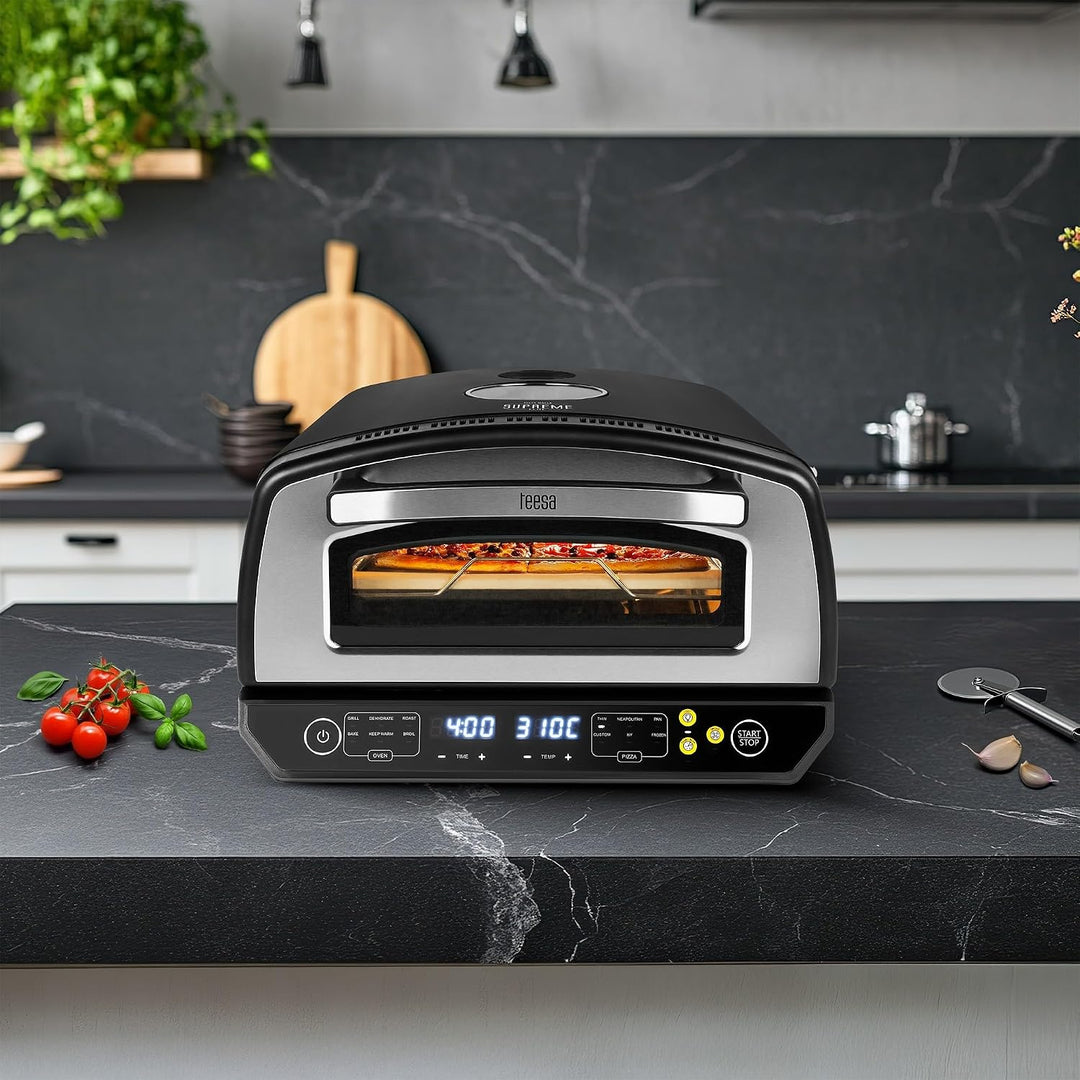 Teesa Pizzaofen SUPREME ELITE Leistung 2200 Watt 450 Grad Zwei Heizungen Fenster im Gehäuse Stein 33