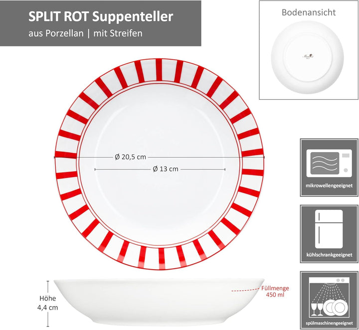 MamboCat Split rot 6er Set Suppenteller I 450ml I weisses Porzellan-Geschirr mit Streifen für 6 Pers