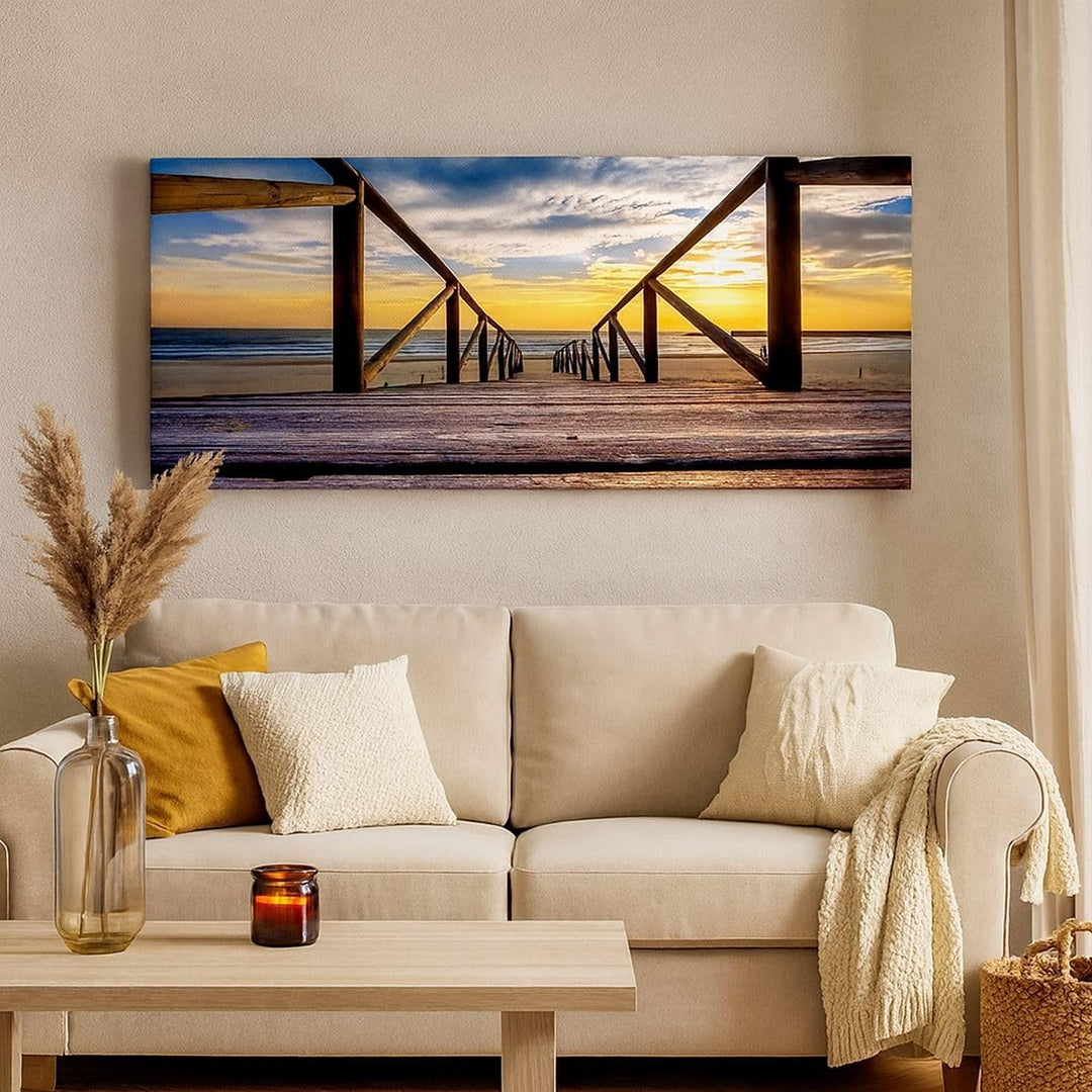 Bilder auf Leinwand 100x40cm Leinwandbild Strand Ozean Sand Holzbrücke Sonnenuntergang Gross Wanddek