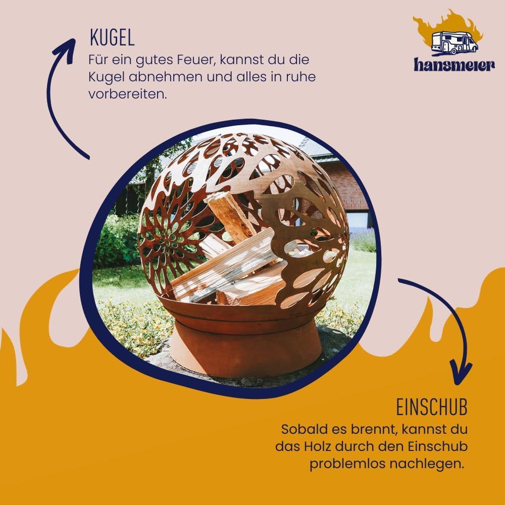 Feuerkorb Feuerschale - Feuerkugel abnehmbar - mit Einschuböffnung - 52 x 52 x 40 cm- Hypnotische Re