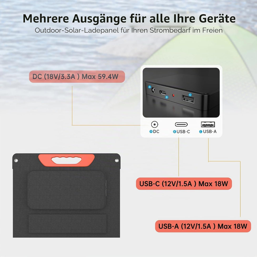 Rosaking 60W Faltbar Solarpanel,Tragbar Solar Ladegerät mit USB C+A +DC,Monokristallin ETFE Solarpan