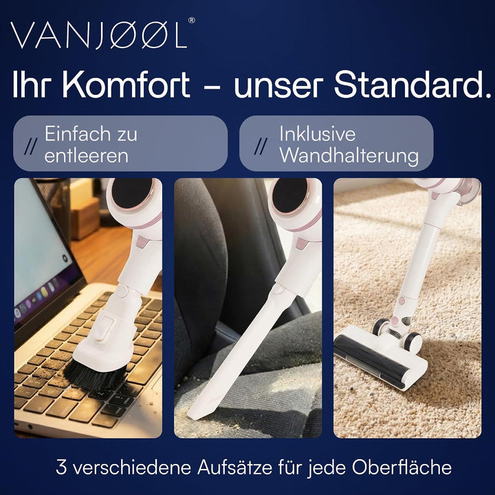 VANJOOL® Akku Staubsauger Kabellos 250W – 9 kPa Stielstaubsauger &amp; Handstaubsauger – Beutelloser Sta