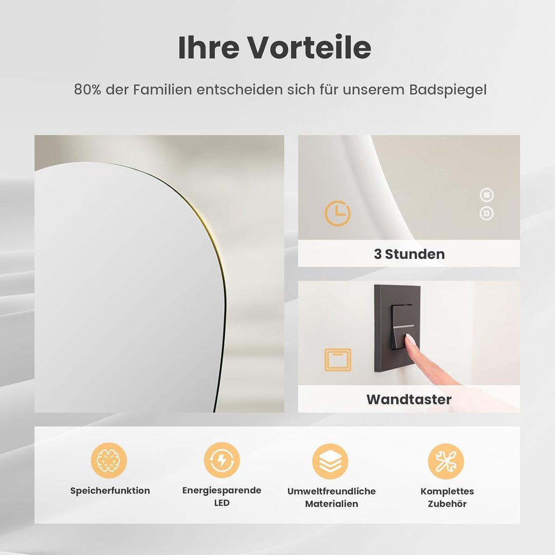 EMKE Badspiegel mit Beleuchtung Asymmetrischer LED Spiegel 70 x 50 cm, Touch-Schalter, Dimmbar 3 Lic