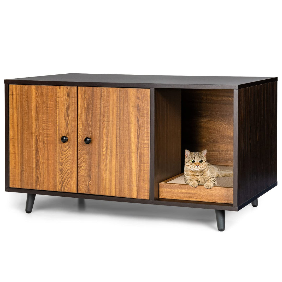 GOPLUS 2 in 1 Katzenschrank für Katzentoilette, Katzenhaus Holz mit Türen, Stahlbeine, abnehmbare Kr