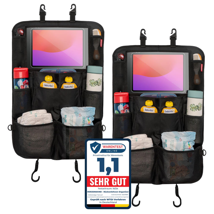 HerzensKind Rückenlehnenschutz und Organizer. Auto Organizer mit extra grossem 13" Tabletfach und 9