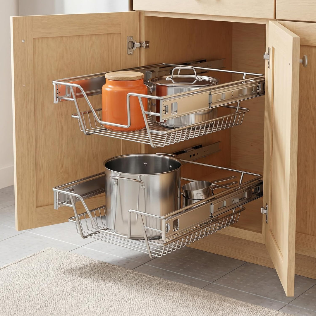 NAIZY 2x Teleskopschublade 30cm Breite anwendbar Küchenschublade Silber Küchen Regal aus Massiver Ed