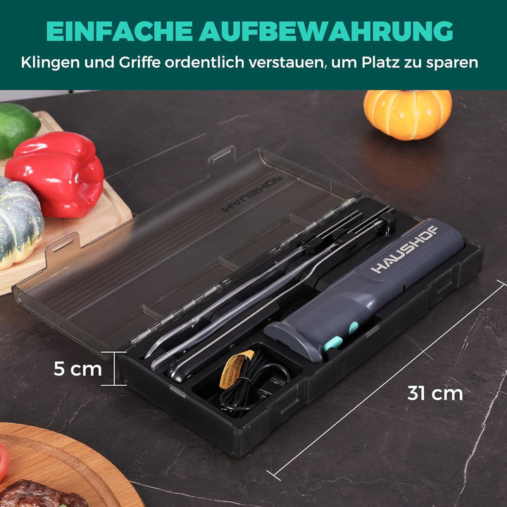 HAUSHOF Elektromesser, Kabelloses Küchenmesser mit 2 Edelstahlklingen, Elektrisches Messer mit Gabel