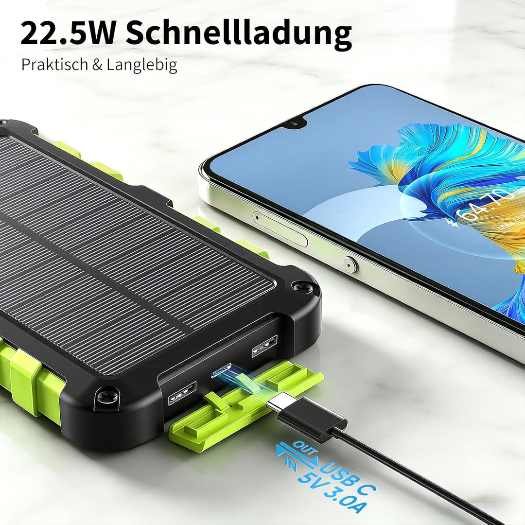 Solar Powerbank 10000mAh PD 22,5W Tragbares Solar Ladegerät USB C Outdoor Wasserdicht Externer Akku