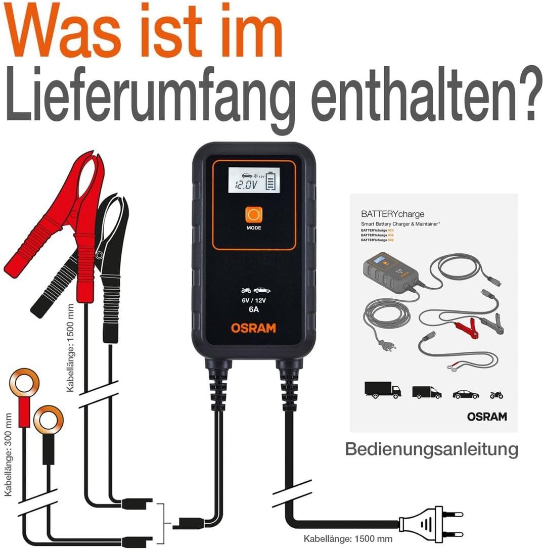OSRAM BATTERYcharge 906, KFZ-Batteriewartungsgerät 12V, mobiles KFZ Batterieladegerät für PKW, Motor