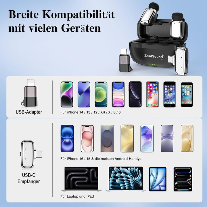 zealsound Mini Kabelloses Lavalier-Mikrofon für iPhone Handy Android, Wireless Ansteckmikrofon mit R