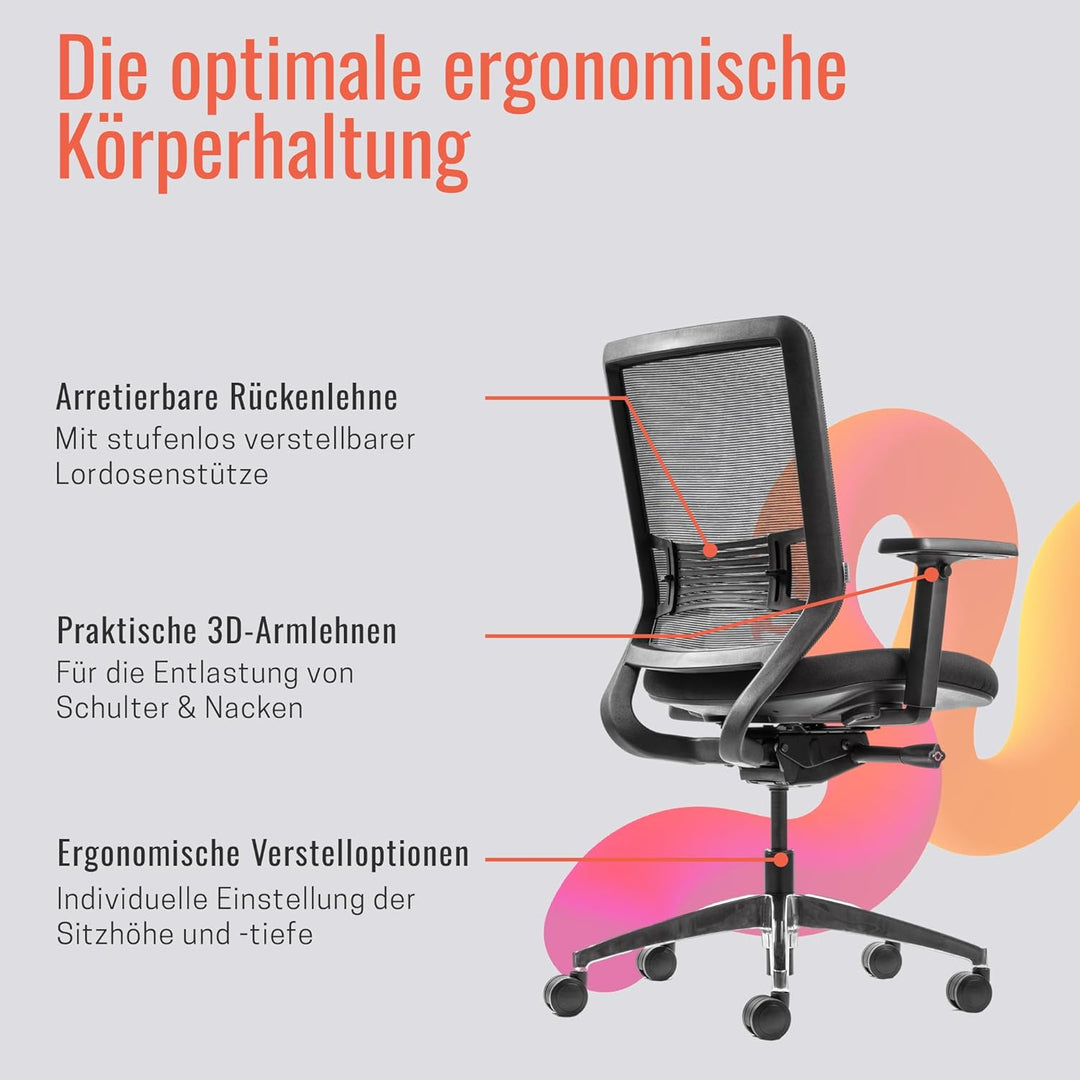 Yaasa Chair Ergonomischer Bürostuhl, Schreibtischstuhl mit Lordosenstütze, 3D-Armlehnen und Einstell