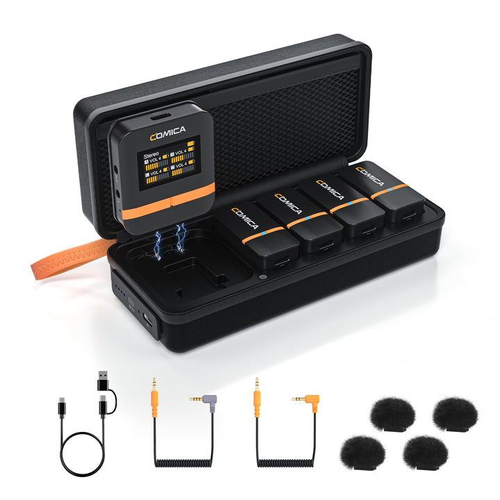 COMICA Vimo Q Lavalier Wireless Mikrofon mit 4 Sendern und 1 Receiver, 48kHz/24bit Audioqualität, Ge