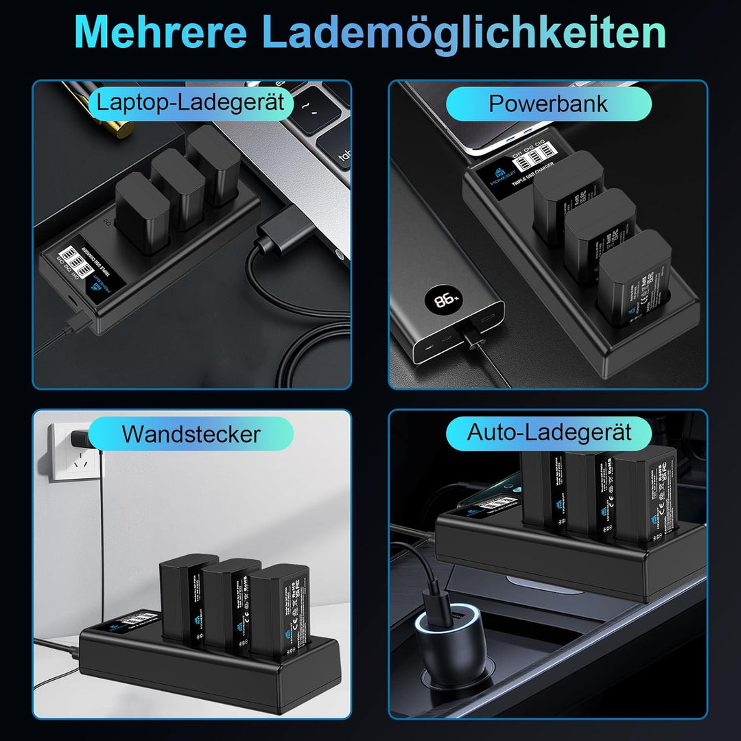Homesuit NP-FW50 Akku 1300mAh und DREI Schlitze LCD Ladegerät Kit für Sony ZV-E10, Alpha A6000, A650