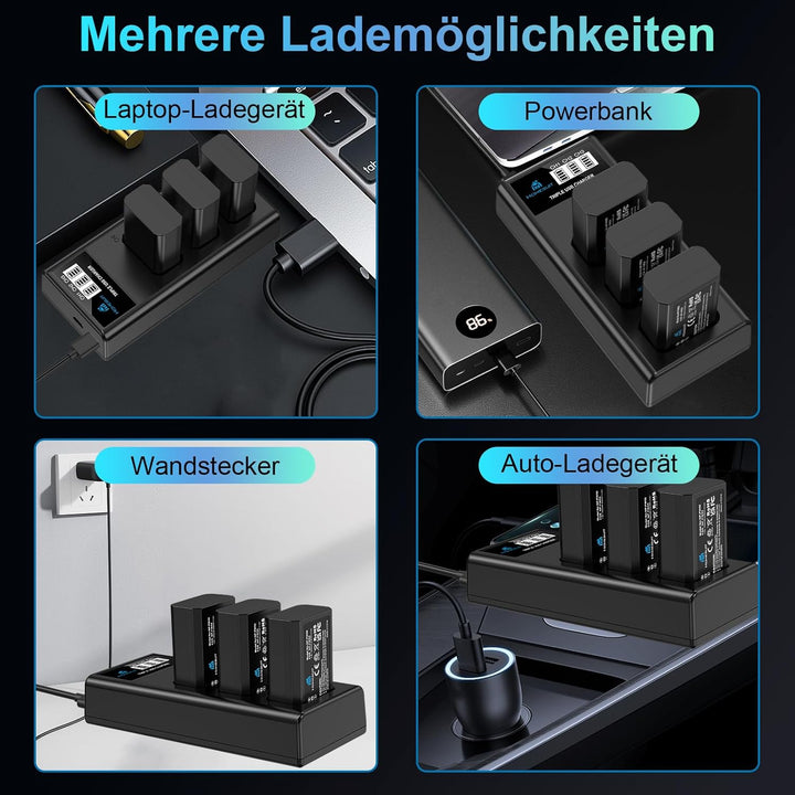 Homesuit NP-FW50 Akku 1300mAh und DREI Schlitze LCD Ladegerät Kit für Sony ZV-E10, Alpha A6000, A650