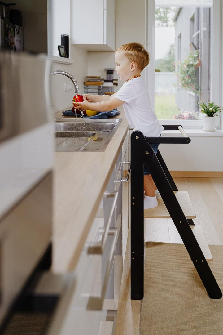 WECO Klappbarer Lernturm für Kleinkinder, Höhenverstellbarer Küchenhelfer aus Holz im Montessori-Sti