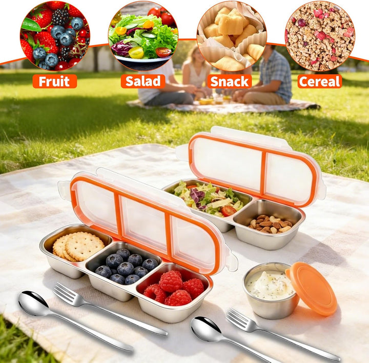 2 Stück Edelstahl Snackbox mit Fächern, wiederverwendbarer Snackbehälter mit luftdichtem Decke, ausl