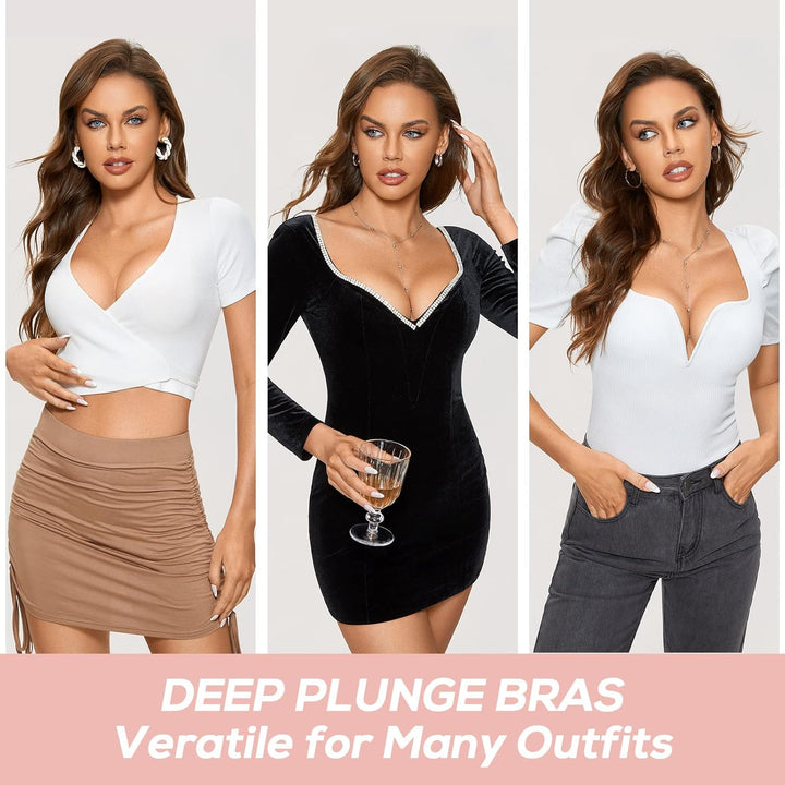 DOBREVA Damen mit Bügel Deep U Push Up Plunge BH Sexy Gepolstert Tshirt 70C Beige, 70C Beige