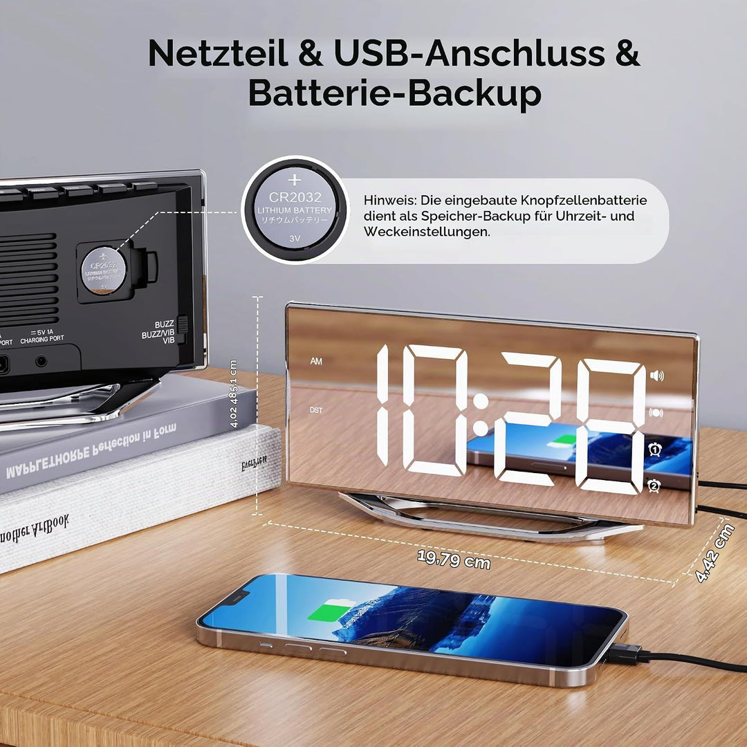 Mesqool Spiegel Digital Wecker mit Vibration, Wecker Laut für Tiefschläfer, Grosses LED-Display mit