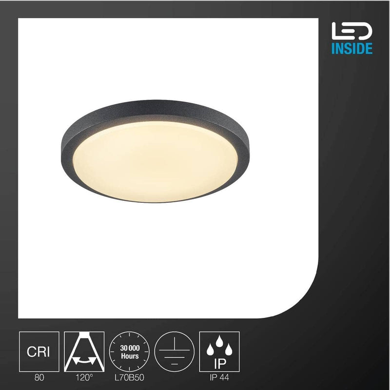 SLV 229975 Ainos Anbauleuchte mit Sensor, 22 W, Anthrazit, 30 x 30 x 6.5 cm Ainos Led Rund Anthrazit