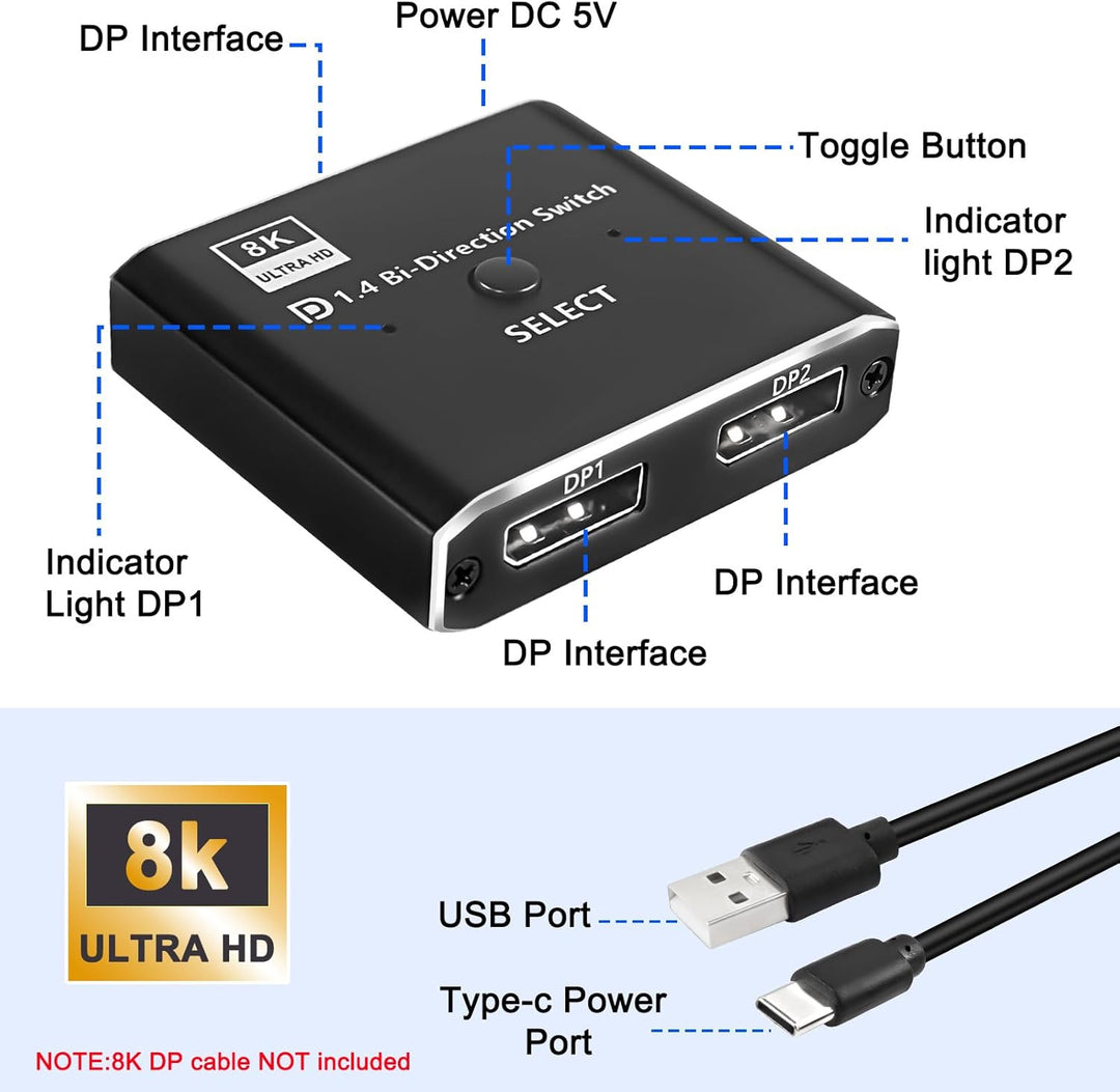 XMSJSIY DisplayPort Switch 8K Bidirektionaler DP 1.4 Switcher 1.4 in 2-Ausgang Ausgang 2 in 1-Ausgan