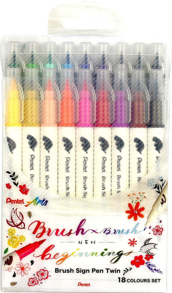 Pentel SESW30C-18 Brush Sign Pen Twin, 18-Farben-Set, Fasermaler mit zwei flexiblen Schreibspitzen,