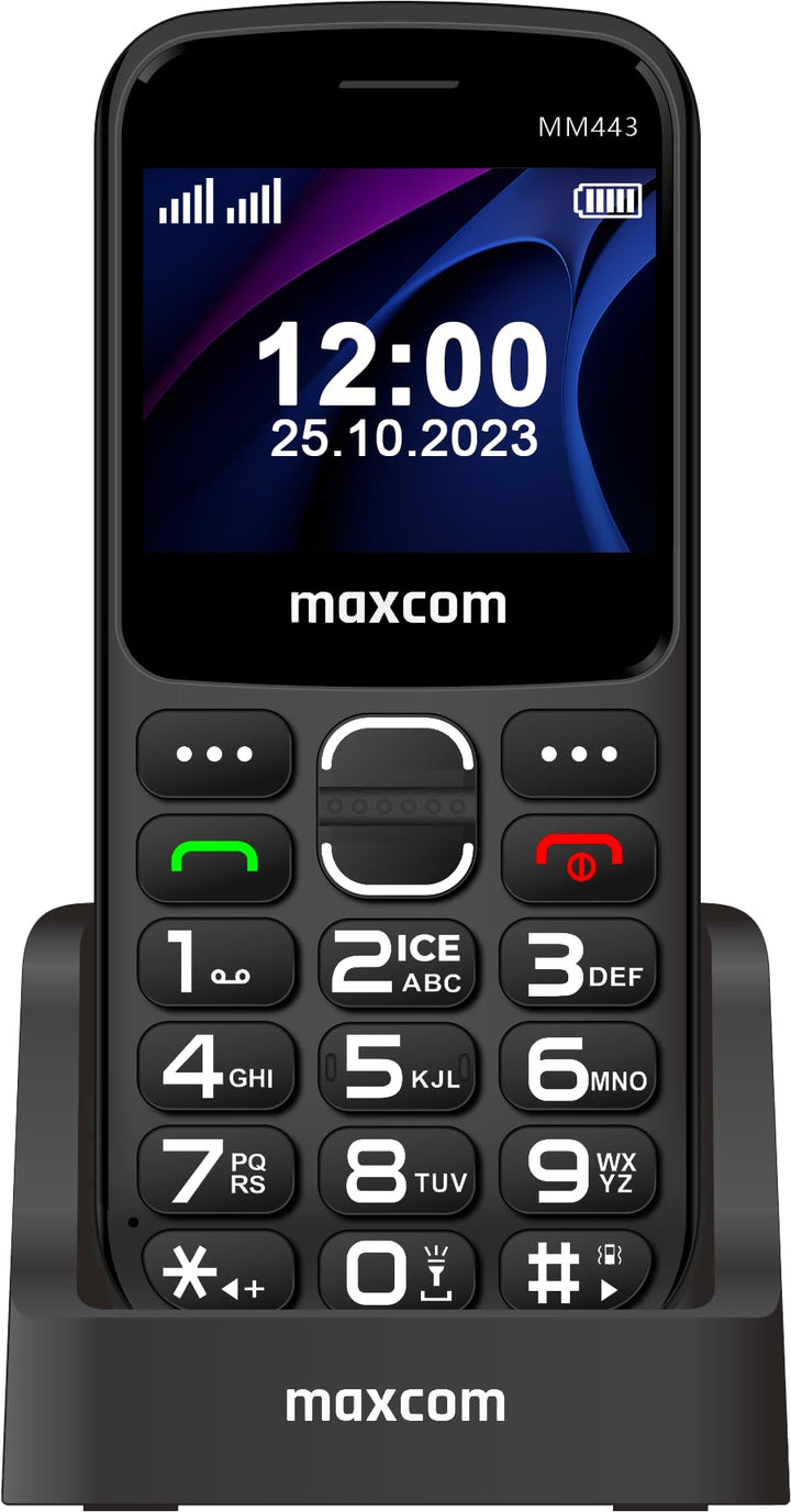 Maxcom MM443 Mobiltelefon für ältere Menschen, 4G, mit grossen Tasten und SOS-Taste, Ladestation, Du