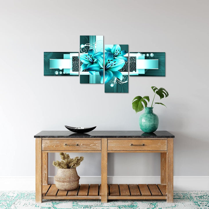 Runa Art Bild Modern Blumen Lilien - Made in Germany - Wandbilder Abstrakt Türkis 4 Teilig 008642a