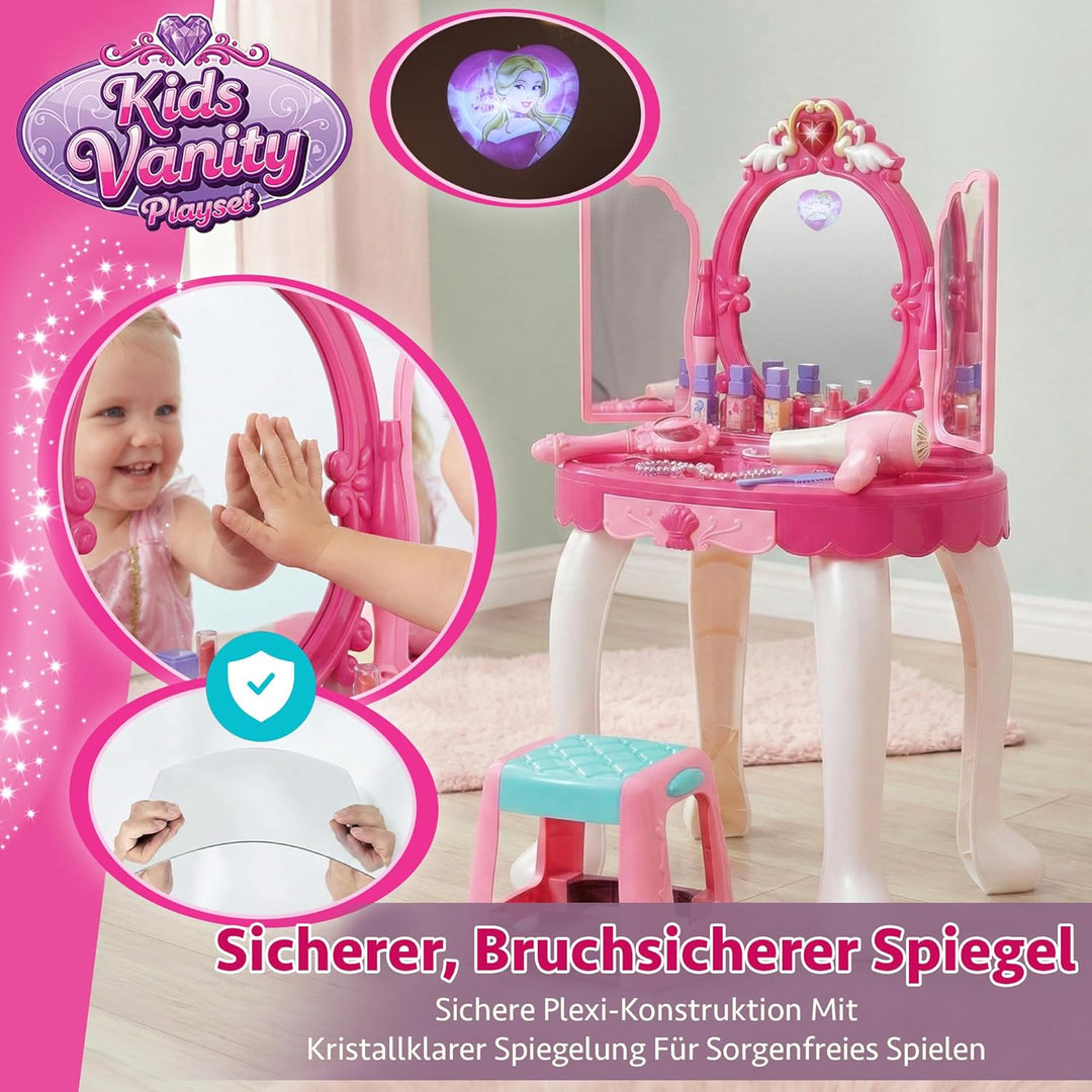 Kinderplay Rosa Schminktisch Kinder mit Zauberstäbchen - Haartrockner funktioniert wie EIN echter |