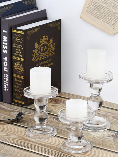 Lewondr Glas Kerzenhalter, 3 Stücke Kristallklar Kerzenständer in Unterschiedlicher Grösse, Elegant