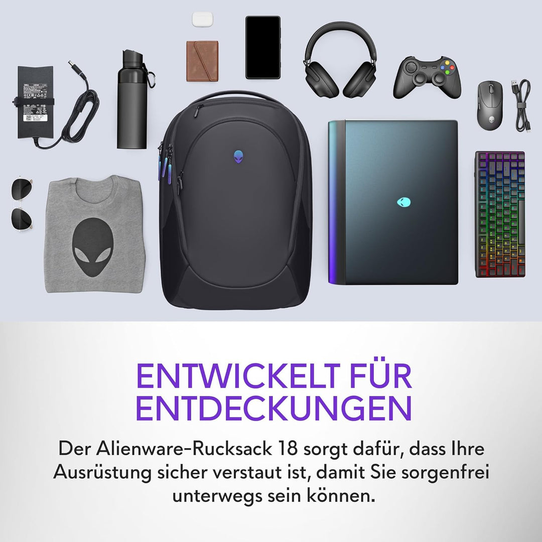 Alienware 18 Rucksack – AW7825P – 28L Kapazität, atmungsaktives 3D‑Mesh, magnetische Taschenorganize