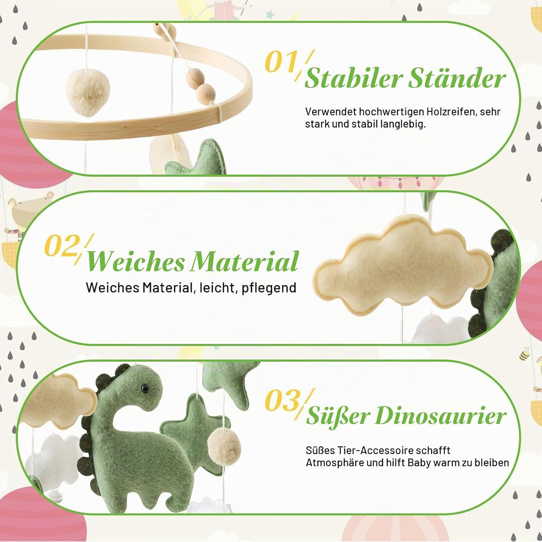 Baby Windspiel Dinosaurier mit Sternen &amp; Wolken – Holz Mobile Babybett Dekor, Sensorisches Spielzeug