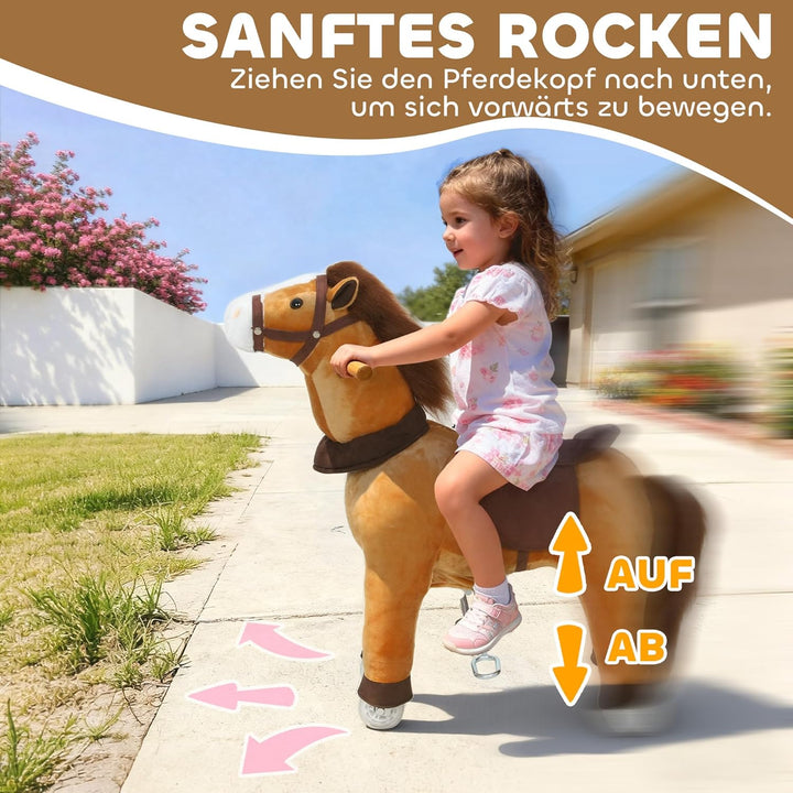 AIYAPLAY Reitpferd, Spielpferd zum Reiten mit Sattel Rollen, 75 cm Stehpferd, Plüschpferd für Kinder