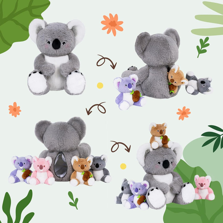 OUOZZZ 5 Stück Koala Kuscheltier Set, 30cm Weich Koala Plüschtier mit 4 Baby im Bauch - Baby Geburts