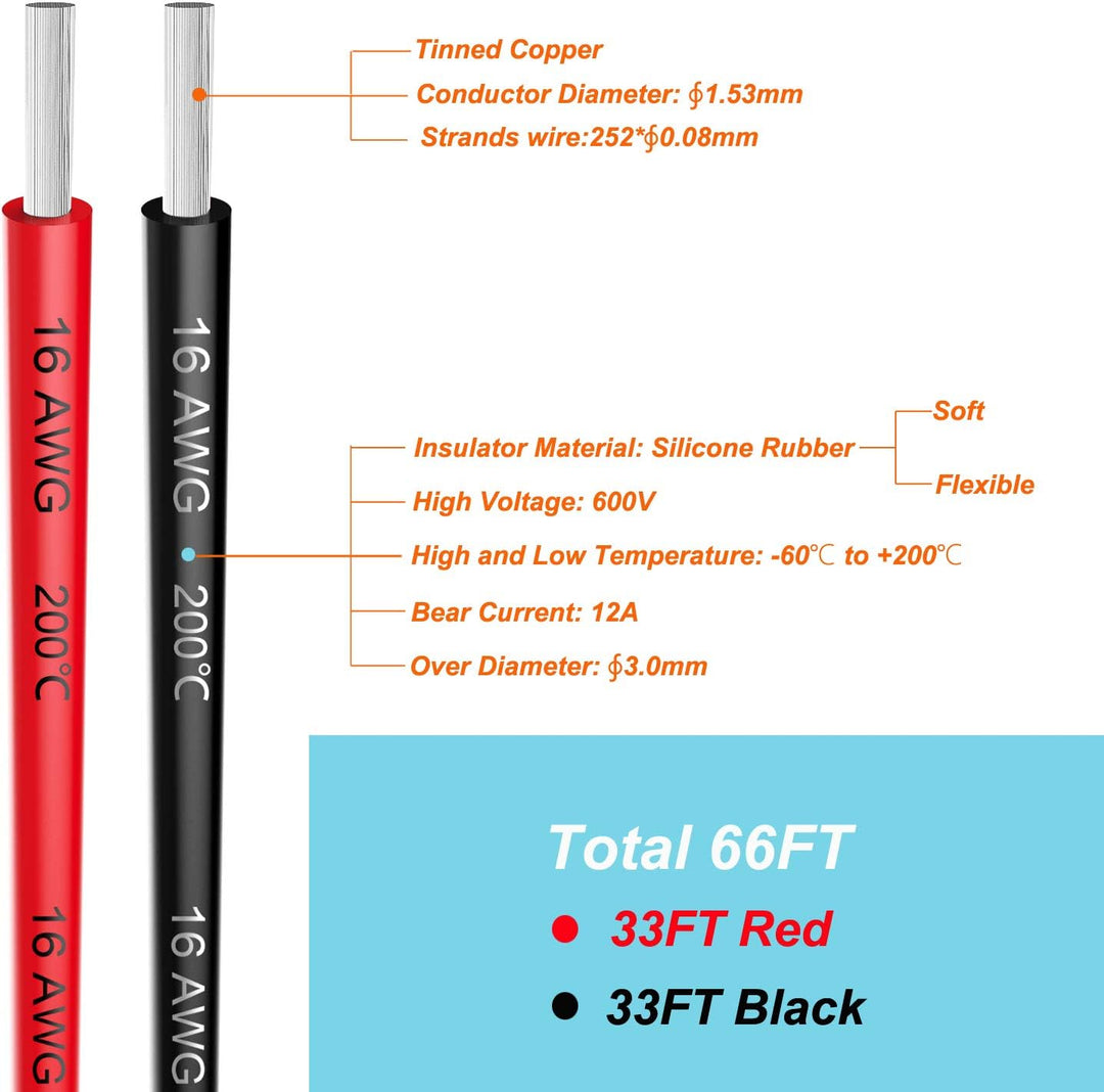 1.3mm² 16 AWG Silikon Elektrischer Draht Hook-up Kabel Insgesamt 20 Meter [10 Meter schwarz und 10 M