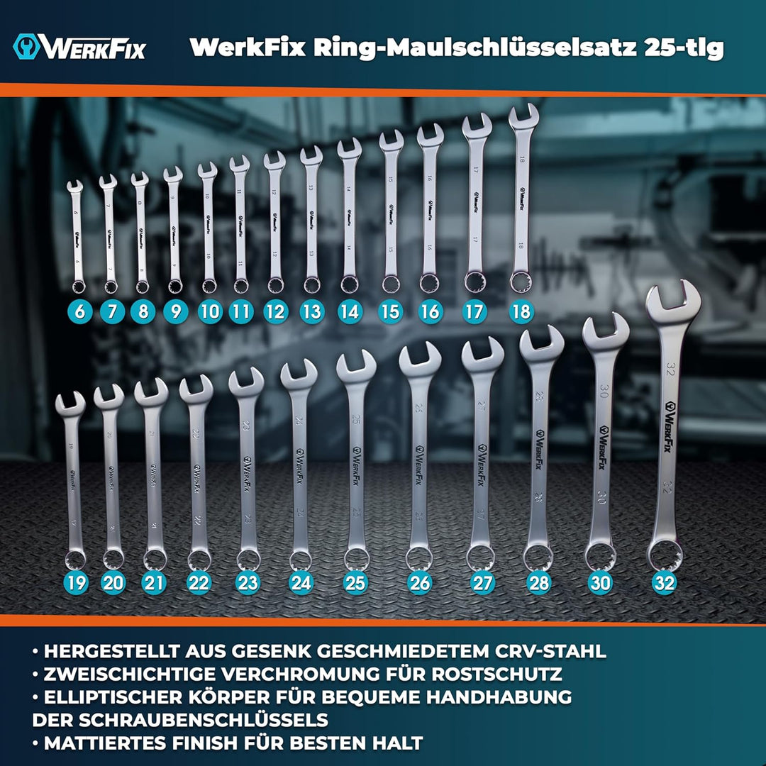 WerkFix Ring-Maulschlüsselsatz 25-tlg. 6-32 mm aus CrV-Stahl, Gabelschlüssel Laser markiert, mattier