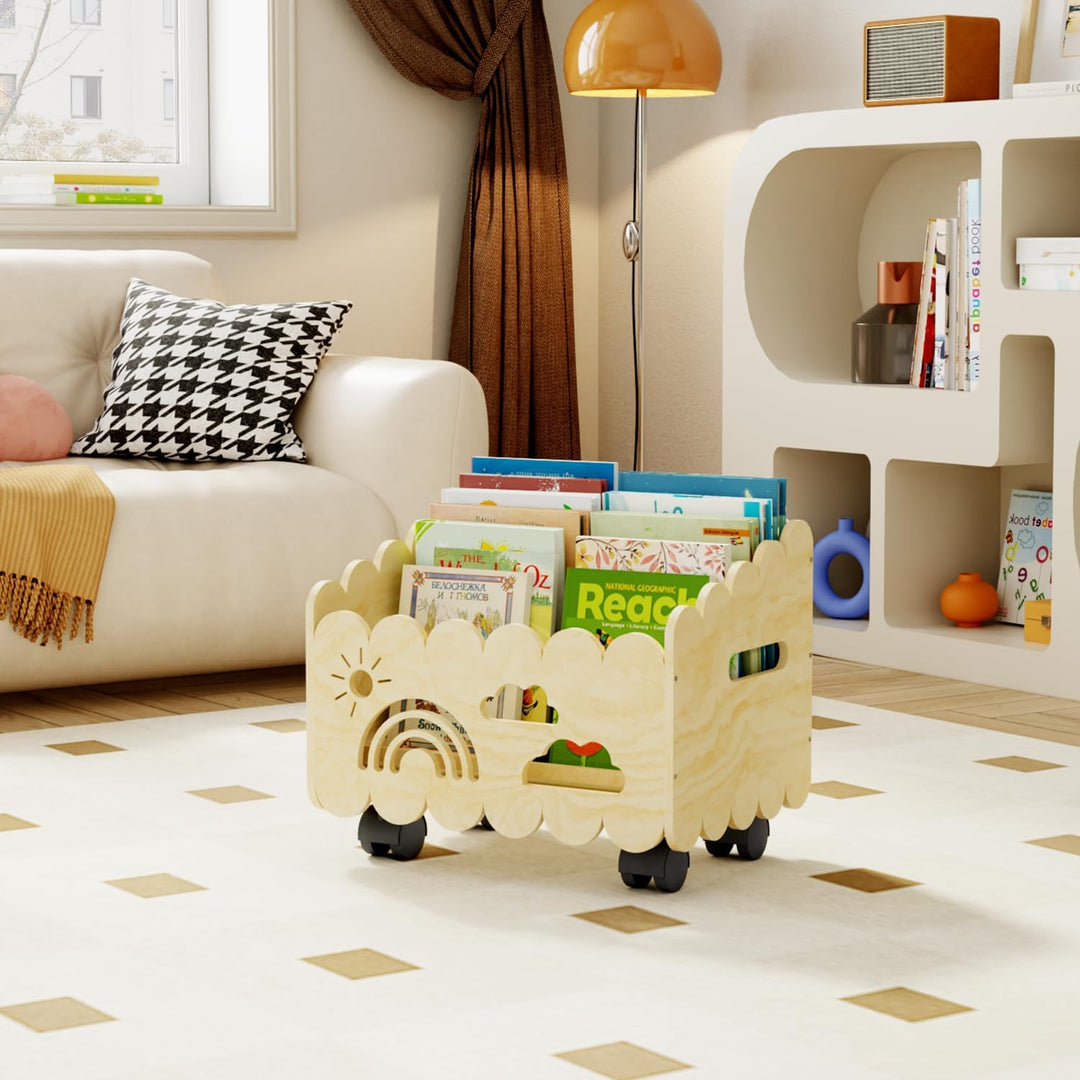 Kinder Bücherregal Holz mit Rollen, Montessori Bücherregal Kinder, Bücherkiste für Leseecke, Babyzim
