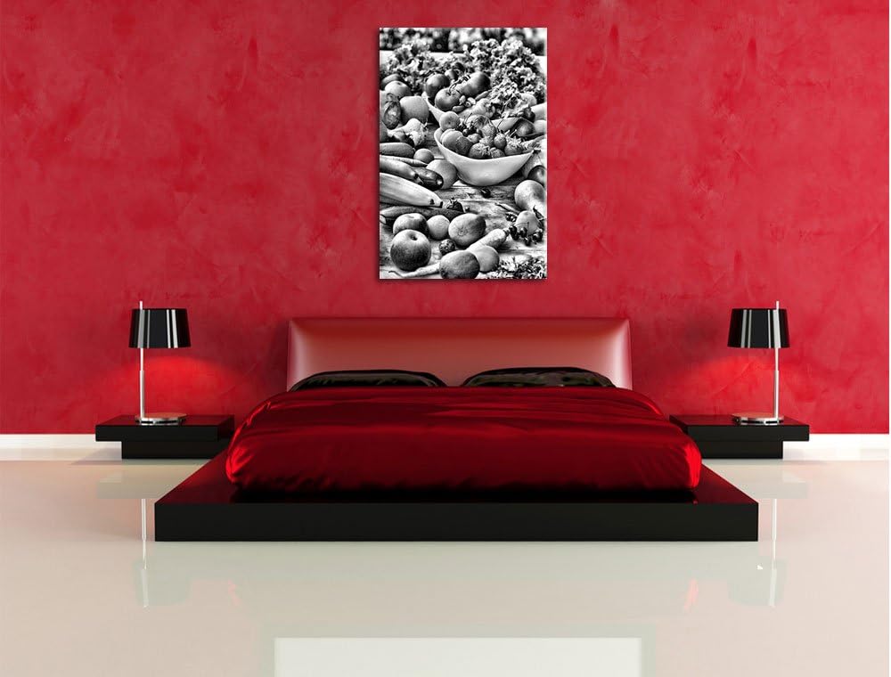Pixxprint Monocrome, Buntes Obst und Gemüse, Format: 100x70 auf Leinwand, riesige Bilder fertig gera
