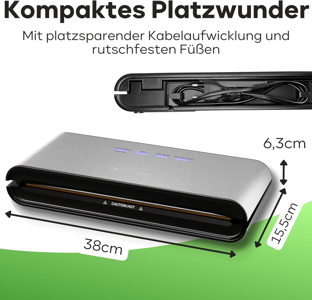 Profi Cook PC-VK 1080 Edelstahl-Vakuumiergerät, Vakuumierer, Lebensmittel bleiben vakuumiert bis zu