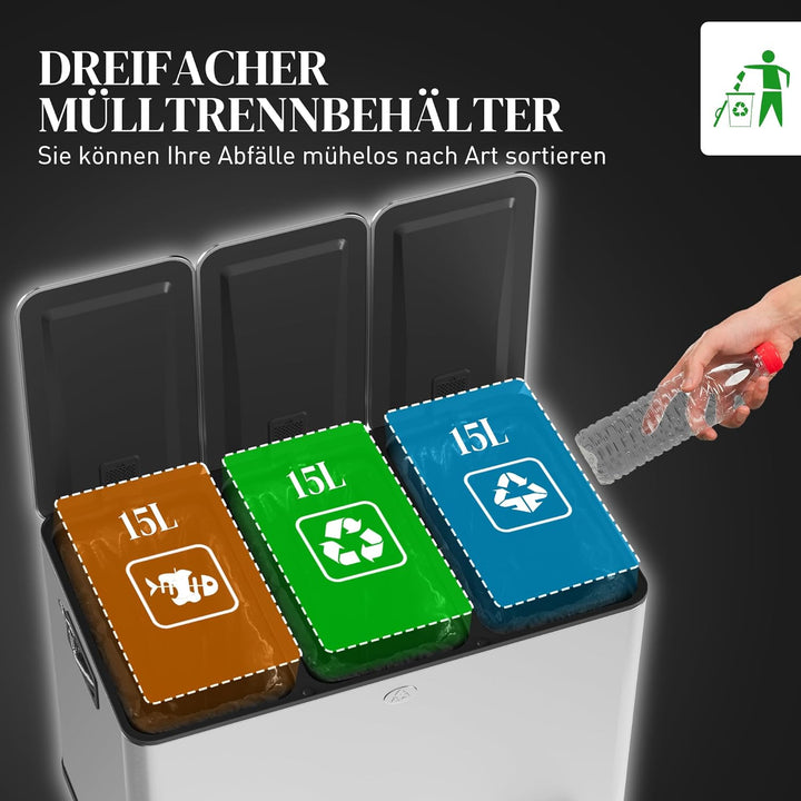 HOMCOM Mülleimer Küche 3 x 15 L Treteimer mit Softclose-Deckel und Pedal Mülltrennsystem 3 Fächer in