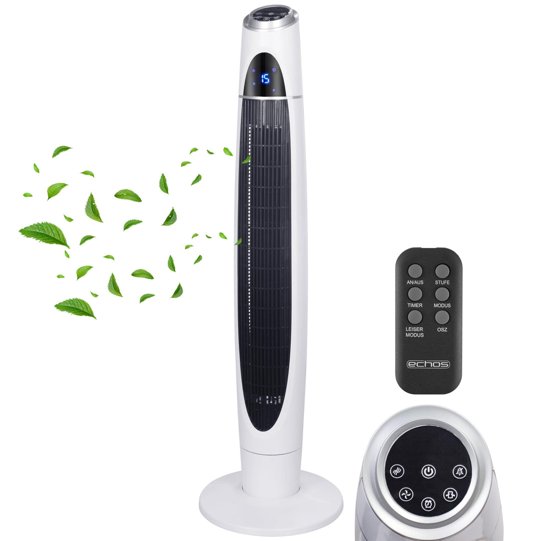 Echos Turmventilator | 3 Stufen | 3 Modi | 60 Watt | 8 Timer | Luftkühler | Fernbedienung | LED-Leuc