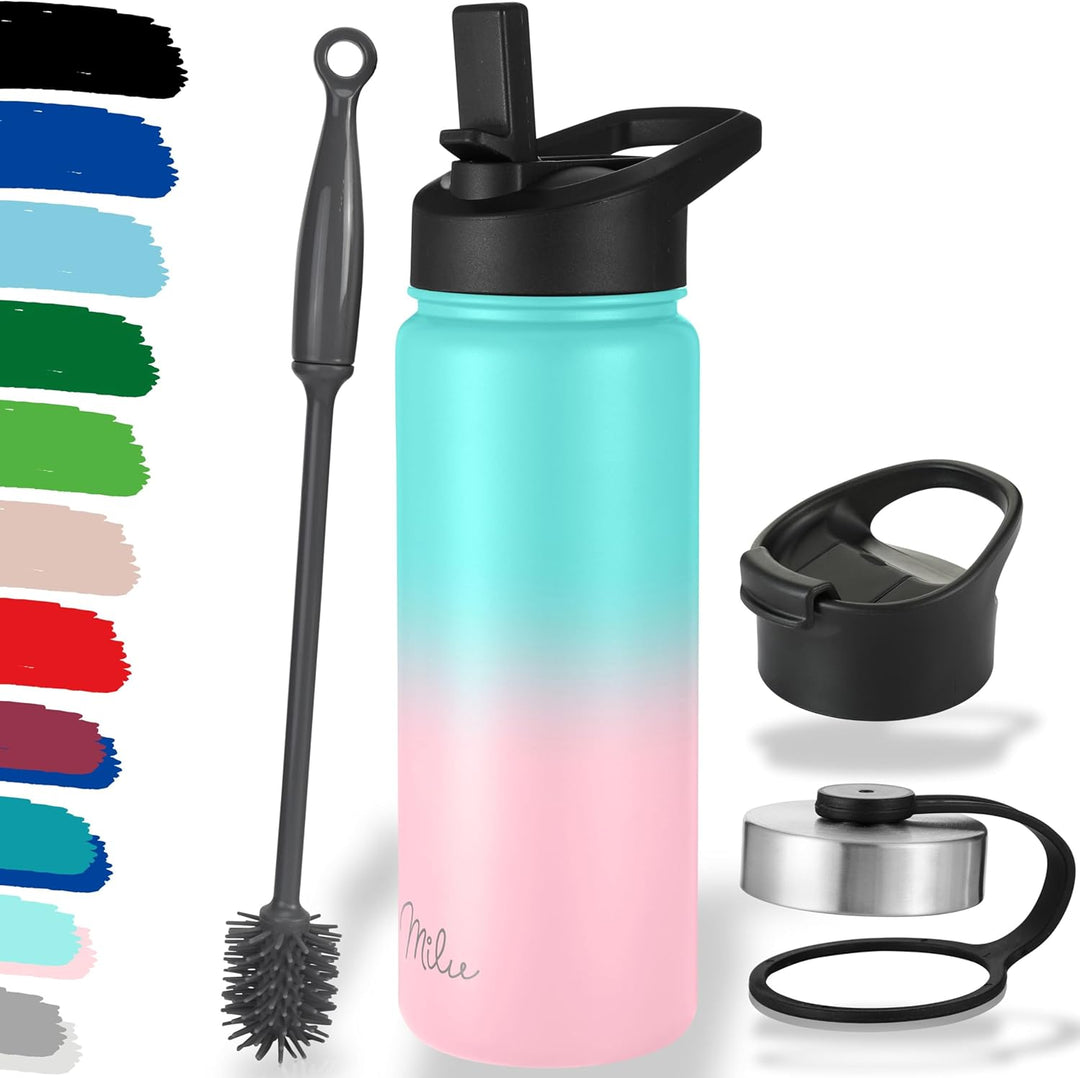 Milu Edelstahl Trinkflasche 500ml, 750ml, 1L (+3 Deckel) Thermosflasche mit Strohhalm, Isolierte Was