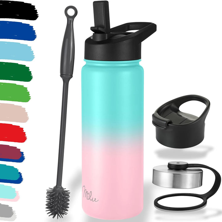 Milu Edelstahl Trinkflasche 500ml, 750ml, 1L (+3 Deckel) Thermosflasche mit Strohhalm, Isolierte Was