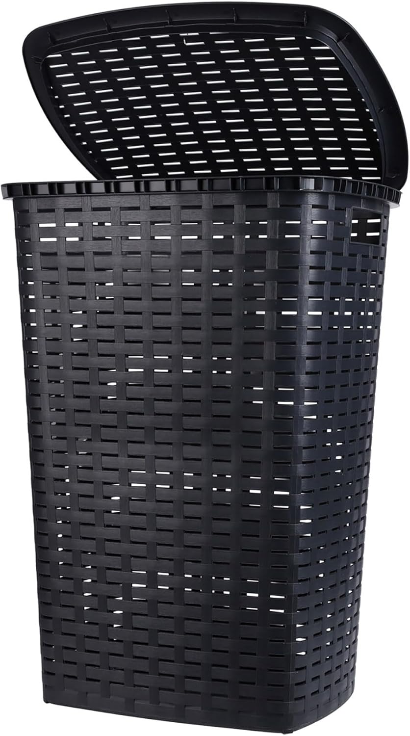 Kunststoff Wäschekorb anthrazit mit Deckel in Rattan Optik - 65 Liter - Wäschesammler in Flechtoptik