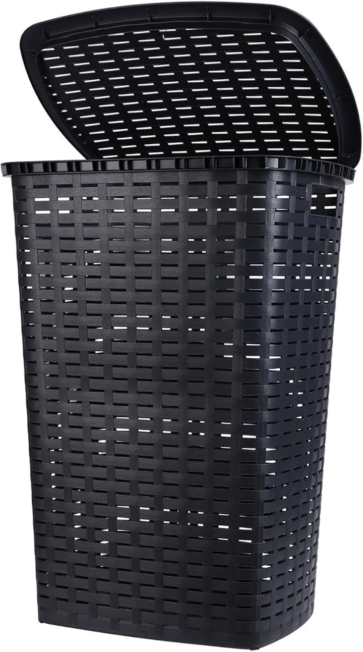 Kunststoff Wäschekorb anthrazit mit Deckel in Rattan Optik - 65 Liter - Wäschesammler in Flechtoptik