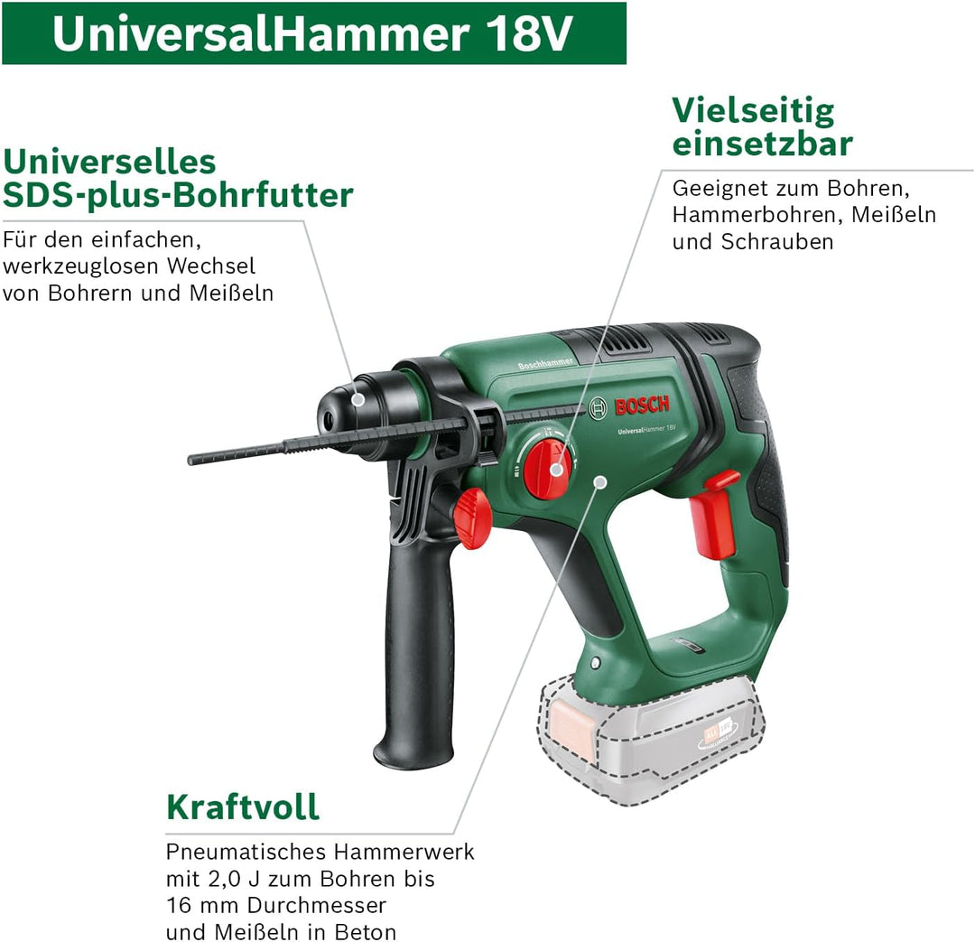 Bosch Akku-Bohrhammer UniversalHammer 18V (ohne Akku; 18 Volt System; Bohren/Hammerbohren/Meisseln;