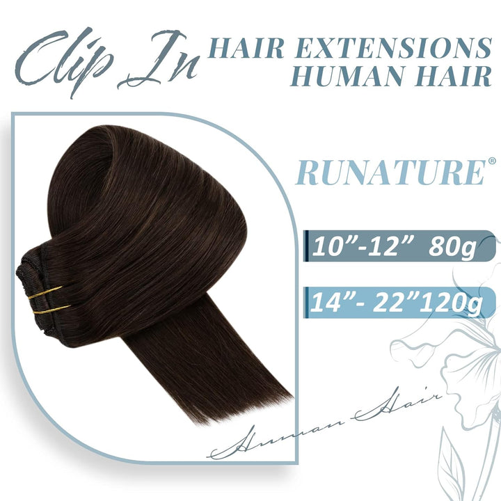 RUNATURE Dunkelbraun Clip Extensions Echthaar Günstig 30cm Clip in Echthaar Extensions 80g 7pcs Remy