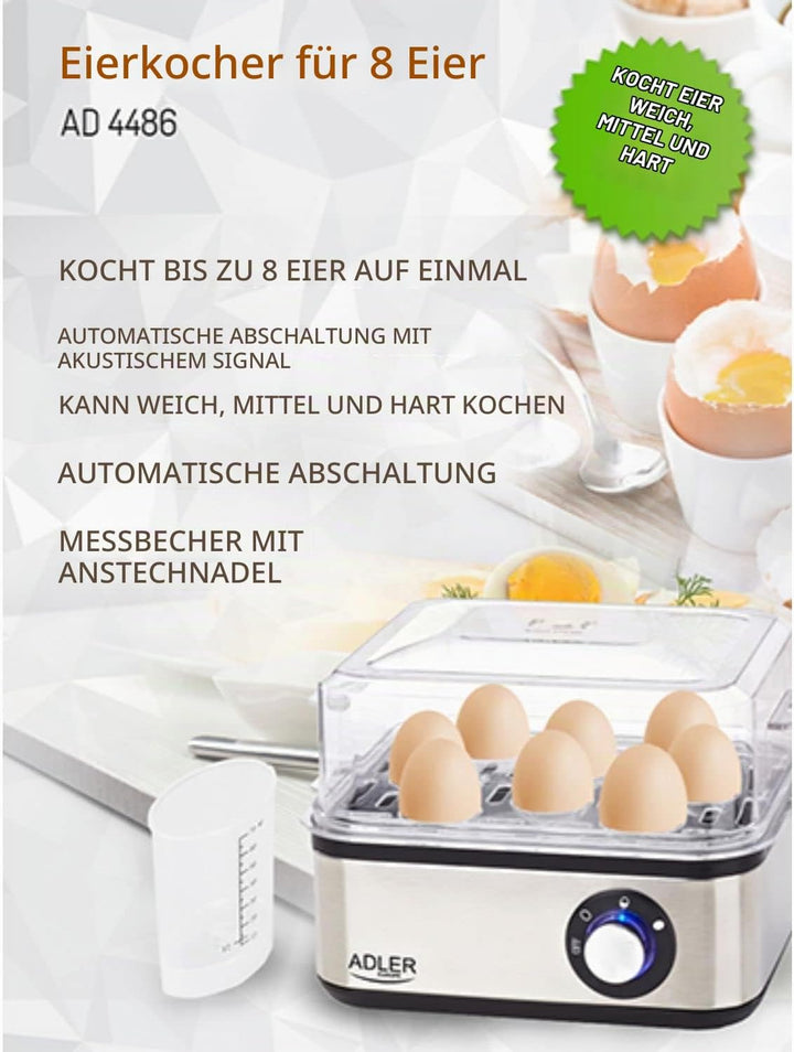 Adler Elektrischer Eierkocher 1-8 Eier Eier 500 Watt Edelstahlheizplatte Automatische Abschaltung Ko