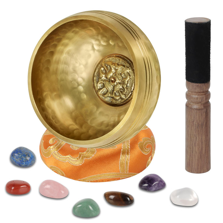 Traditionelle Klangschale 8cm mit 7 Chakra Kristallen, Handgefertigt in Nepal für Meditation und Yog