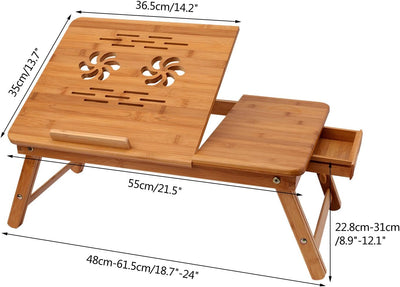 Laptoptisch aus Bambus, Höhenverstellbar Laptopständer, Klappbar Notebooktisch mit kleine Schublade,